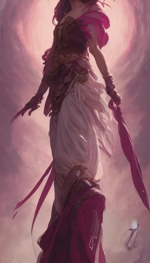 Prompt: portrait of the warrior sorceress of hearts, dreamy and ethereal, expressive pose, big pink eyes, fantasy, intricate, elegant, rose tones, highly detailed, digital painting, smooth, sharp focus, illustration, pixiv, trending on artstation and greg rutkowski and alphonse mucha