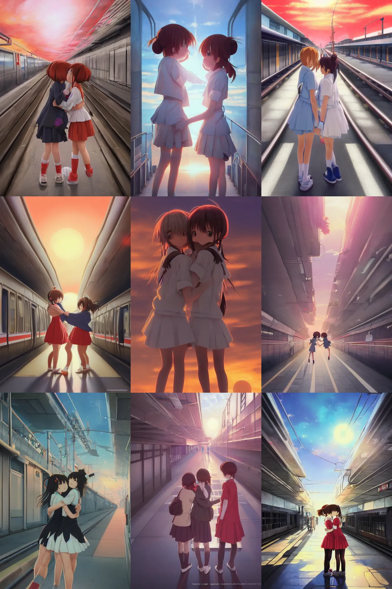 Prompt: Ultra realistic 3d illustration, two cute 3d anime lofi schoolgirls hugging each other on huge japanese elevated subway infrared sunset. fantasy, elegant, dramatic light, trending on artstation, smooth, sharp focus, illustration, art by hiro kiyohara and hayao miyazaki oil painting