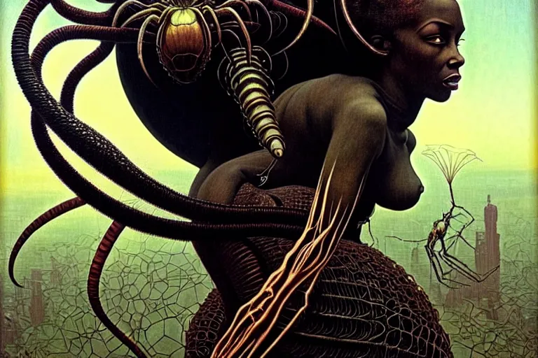 Image similar to realistic detailed portrait movie shot of a beautiful black woman riding a giant spider, dystopian city landscape background by denis villeneuve, amano, yves tanguy, alphonse mucha, max ernst, ernst haeckel, kehinde wiley, caravaggio, jean delville, david lynch, roger dean, cyber necklace, rich moody colours, sci fi patterns, dramatic, wide angle