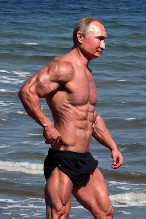 Image similar to Putin on a beach with muscles, full character, hyper realistic, highly detailed