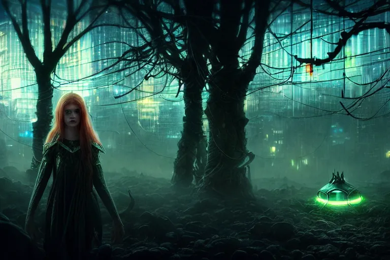 Prompt: an ultra realistic, cinematic, fantasy, headshot portrait, of an elden ring elf, fairy lights, facial features, background of a vast dystopian cityscape, with trees and neon lights, detailed, deep focus, movie still, dramatic lighting, ray tracing, by michal karcz and yoshitaka amano