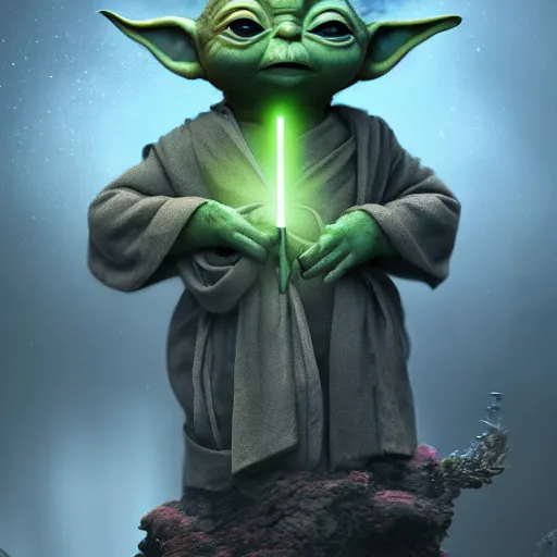 Prompt: tom bagshaw, beautiful miniature baby yoda lightsaber, mythical shrine, soft painting render curiosities carnival pond river vegetation rocks bugs wildlife mushrooms covered moss bioluminescent wisps, beautiful stunning waterfall, accurate features, focus, very intricate ultrafine details, random volumetric lighting, fog, award winning masterpiece, octane render 8 k hd, artstation