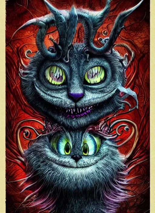 Prompt: cheshire cat the devil tarot card, highly detailed, cinematic, 8 k, bymegan duncanson, benjamin lacombe, naoto hattori, adrian borda, giger, trending on deviantart, hyper detailed, horror, full of colour