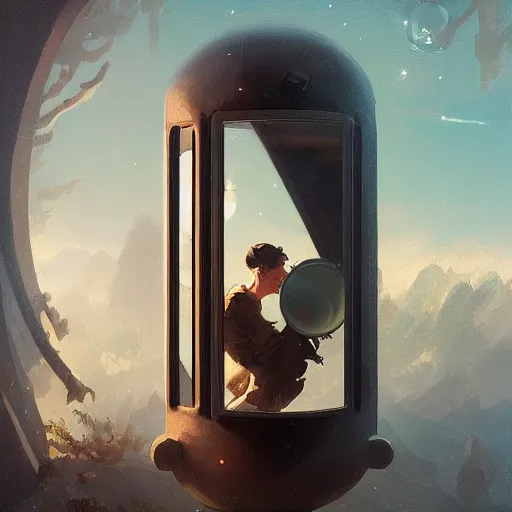 Image similar to a man looking out of a round window from space by peter mohrbacher, jeremy mann, greg rutkowski, android james, ross tran, beautiful, award winning scenery, 8 k quality, clean details, serene, sakura season