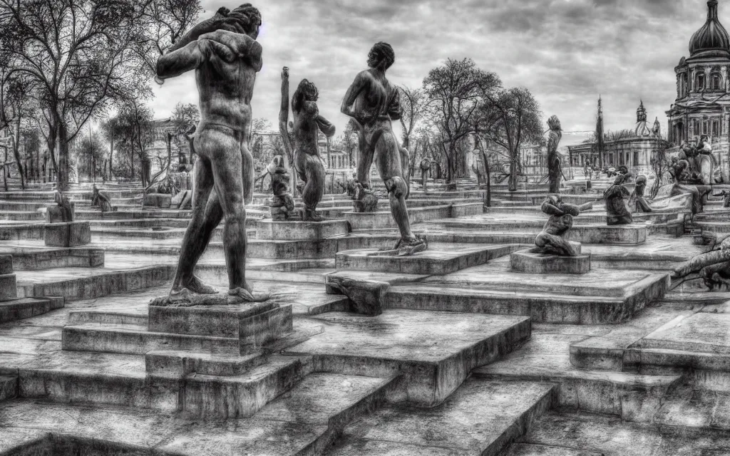 Image similar to the statue park in st. petersburg, by patrick brown, monochrome,