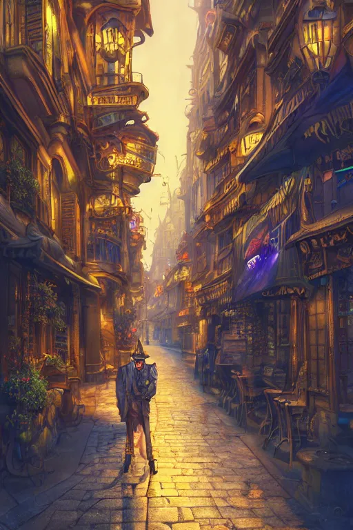 Prompt: colorful street vue of steampunk paris, intricate details, realistic shaded , steampunk, highly detailed, artstation, painting by François Schuiten and moebius, disney fantasy style, octane render, dynamic light, volumetric light, neon lights, cinematic mood