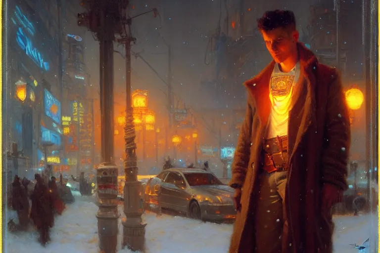 Prompt: winter, attractive male, neon light, cyberpunk, painting by gaston bussiere, craig mullins, j. c. leyendecker