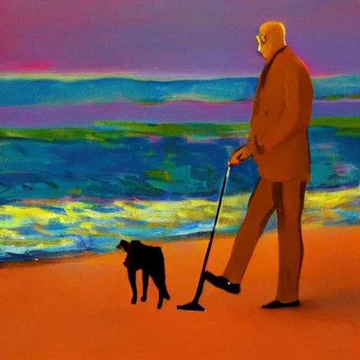 Prompt: fauvist painting of a man walking with a metal detector and a dog on a danish beach at sunset,