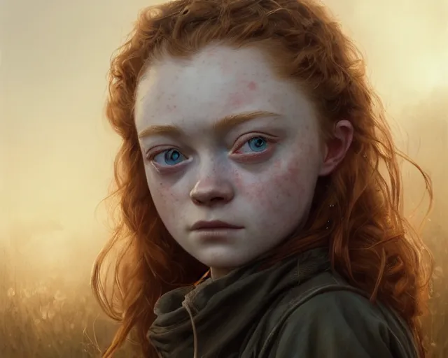 Image similar to highly detailed portrait of sadie sink, in the walking dead, stephen bliss, unreal engine, fantasy art by greg rutkowski, loish, rhads, ferdinand knab, makoto shinkai and lois van baarle, ilya kuvshinov, rossdraws, tom bagshaw, global illumination, radiant light, detailed and intricate environment