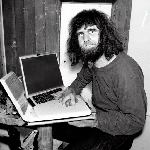 Prompt: caveman working on a laptop, old photograph