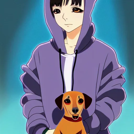 Image similar to christina ricci as a anime character, wearing a hoodie, cute wiener dog, natural lighting, path traced, highly detailed, high quality, cartoon, digital painting, by don bluth and ross tran and studio ghibli and alphonse mucha