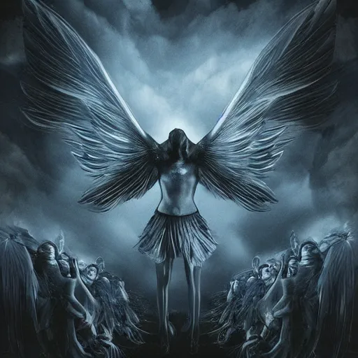 Prompt: A beautiful assemblage of a winged creature, possibly an angel, flying high above a group of people in a dark, wooded area. The creature's wings are spread wide and its head is turned upwards, as if it is looking towards the sky. The people below are looking up at the creature with a mixture of awe and fear. Blue Man Group, Ionic architecture by Georgia O'Keeffe, by Vivienne Westwood tender