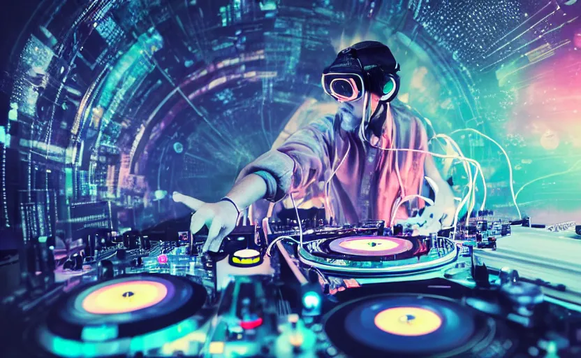 Image similar to a person wearing goggles and visor and headphones using a futuristic record player contraption, wires and tubes, turntablism dj scratching, intricate planetary gears, cinematic, imax, sharp focus, leds, bokeh, iridescent, black light, fog machine, hazy, lasers, hyper color digital art