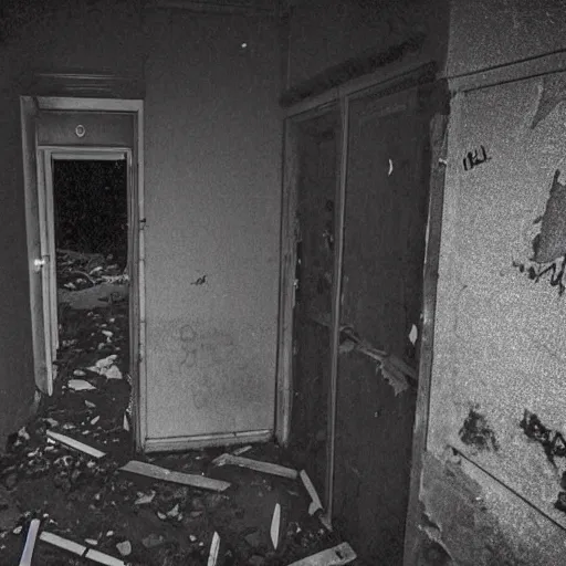 Prompt: an errie photo of a demons face peering at the camera inside of an abandoned school at midnight, eerie, grainy footage, liminal space, trevor henderson,
