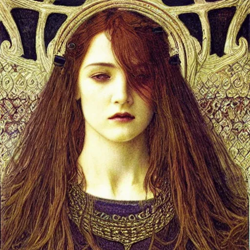 Image similar to detailed realistic face portrait of a beautiful young medieval queen by jean delville, art nouveau, symbolist, visionary, gothic