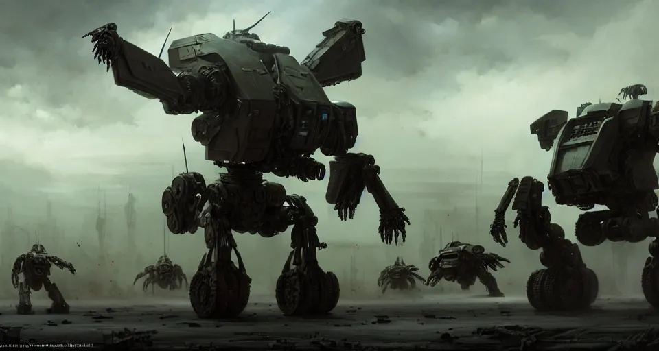 Image similar to hyper realistic sci - fi matte concept art painting of dramatic cinematic scene of humanoid zombie - flesh - battlemech, guns, missiles, explosions, beautiful details, strong composition painted by kim jung guweta studio rutkowski, james gurney and greg rutkowski, and lucasfilm, smooth, intricate, detailed, sharp focus, cinematic