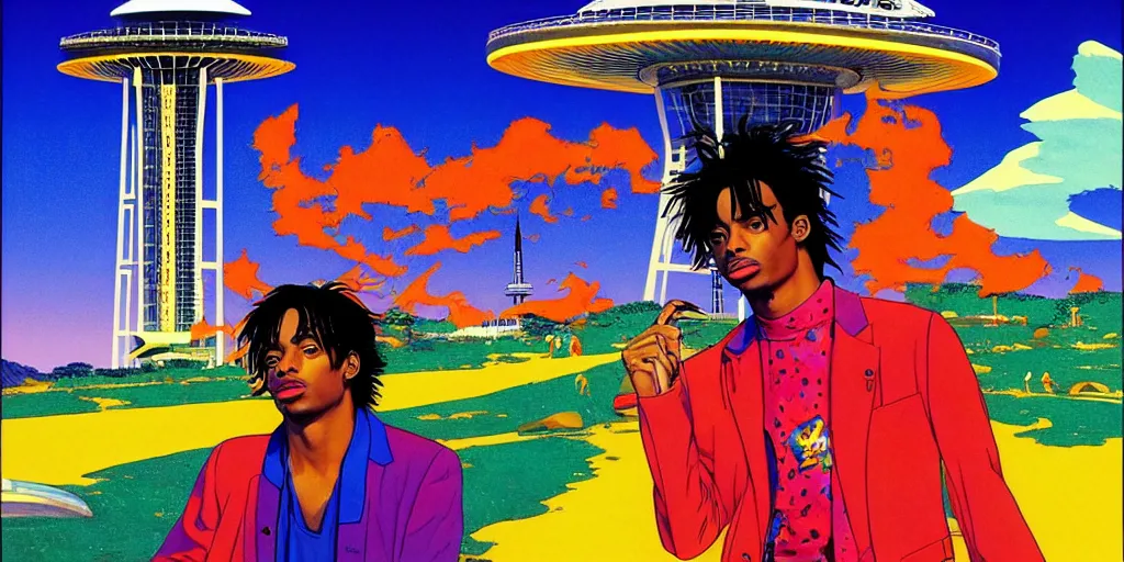 Prompt: playboi carti posing in front of the space needle, acid and dreaming psychedelic hallucinations, by kawase hasui, moebius and edward hopper, colorful flat surreal design, hd, 8 k, artstation