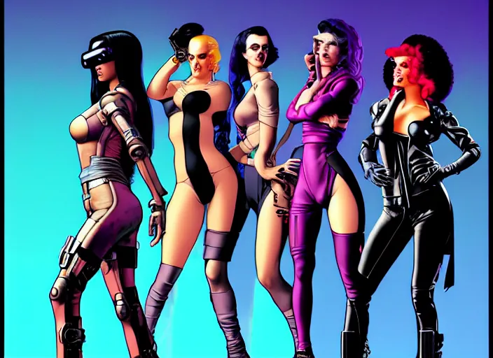 Image similar to cyberpunk femme fatale gang. portrait by stonehouse and mœbius and will eisner and gil elvgren and pixar. character design. realistic proportions. cyberpunk 2 0 7 7 character art, blade runner 2 0 4 9 concept art. cel shading. attractive face. thick lines. the team. diverse characters. artstationhq.
