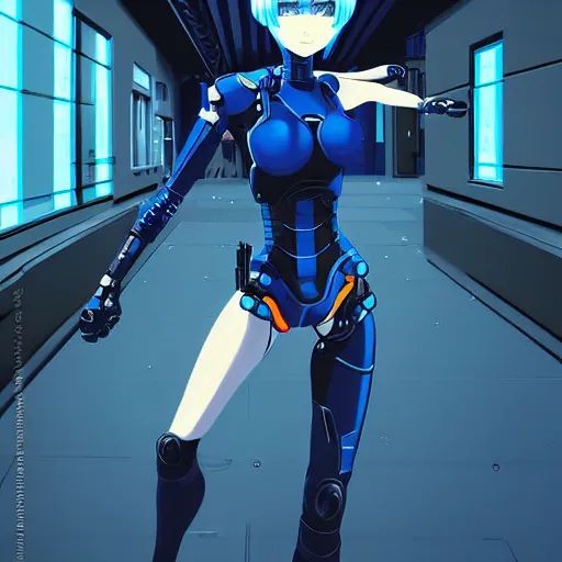 Image similar to cyborg - girl breaking into pieces as it walks down a street, highly detailed, painting, dark blue and black color palette, intricate, high quality anime artstyle, in the style of ilya kuvshinov