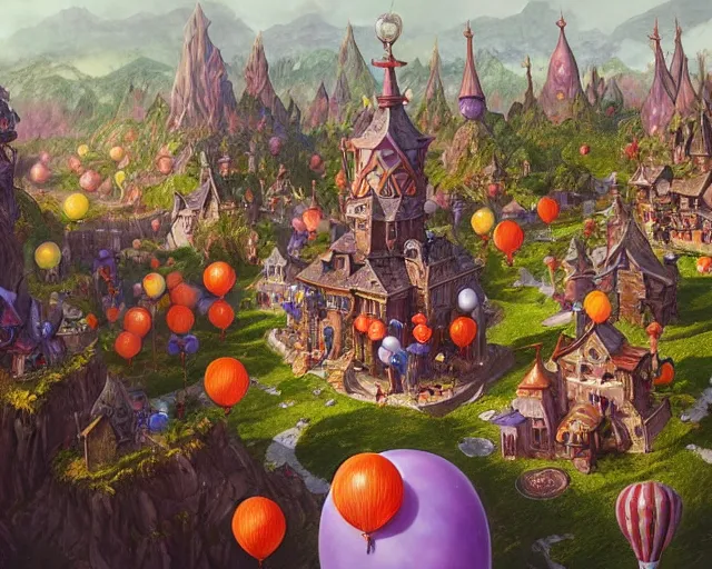 Prompt: fantasy clown village next to a balloon forest, aerial view, deep focus, d & d, fantasy, intricate, elegant, highly detailed, digital painting, artstation, concept art, matte, sharp focus, illustration, hearthstone, art by artgerm and greg rutkowski and laura sava and alphonse mucha