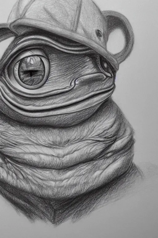 Image similar to portrait drawing of pepe the frog, ultra detailed highly realistic, trending on artstation, rule of thirds, extreme high detail, soft lighting, rim light, volumetric lighting and effects,