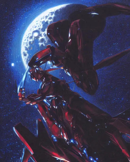 Image similar to evangelion by noriyoshi ohrai, hd, hyper detailed, dark, sky, blue plug suit, moon, dark atmosphere, 4 k