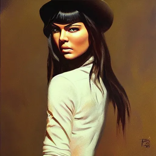 Image similar to ultra realistic portrait painting of kendall jenner as a western outlaw, art by frank frazetta, 4 k, ultra realistic, highly detailed, epic lighting.