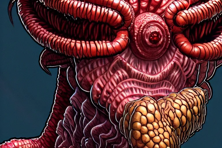 Image similar to closeup shot of Demogorgon from the animated version Stranger Things, cartoon, detailed faces, high resolution, hyper detailed, intricate, illustrated, dramatic lighting, illustration, artstation, concept art, smooth, sharp focus, art by Alphonse Mucha and Matt Groening !n-9