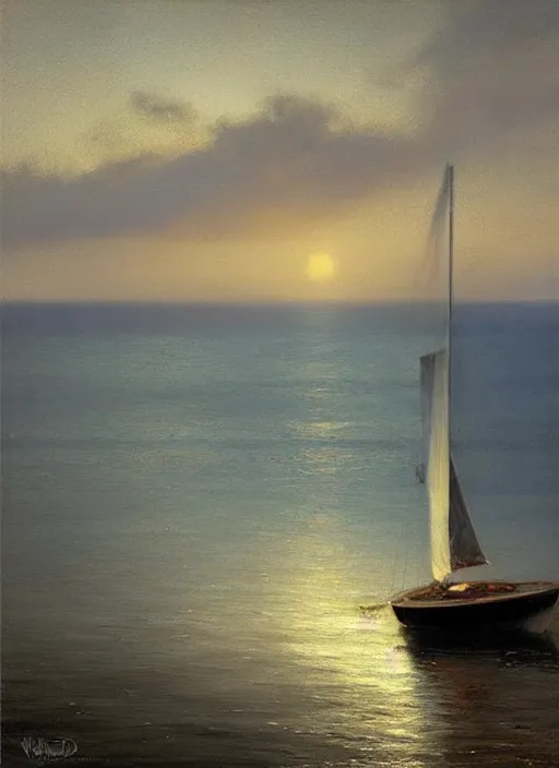 Prompt: There is a small sailboat on the dark blue sea, night view, by Vicente Romero Redondo