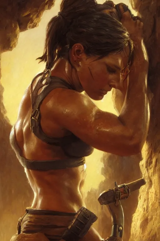 Image similar to muscular sweat lara croft, face close up, highly detailed painting by gaston bussiere, craig mullins, j. c. leyendecker 8 k