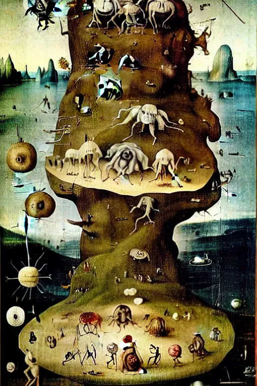 Image similar to a beautiful tardigrade landscape with weird tardigrade creatures by hieronymus bosch and dali