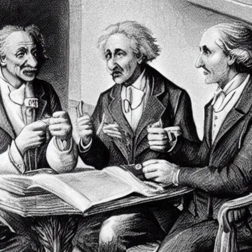Prompt: Einstein, Isaac Newton, and Nikolai Tesla sharing a joint, drawing