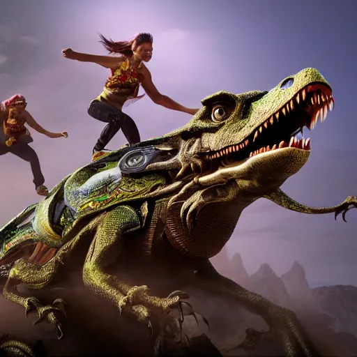 Prompt: raptors riding on tea cup ride, photorealistic, high resolution, vray, hdr, hyper detailed, insane details, intricate, elite, ornate, elegant, luxury, dramatic lighting, octane render, weta digital, micro details, 3 d sculpture