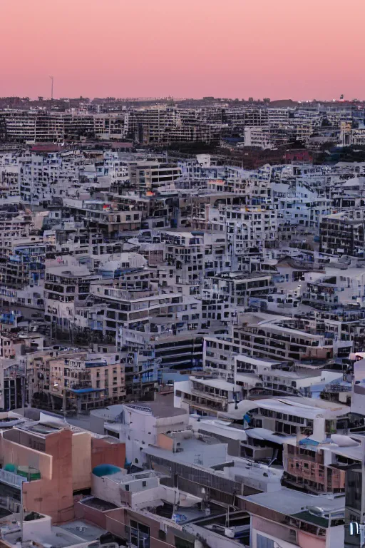 Prompt: buliding design by ricardo bofil, function is school ， people take pohto at the roof ， dusk seaside ， photography ， 8 k