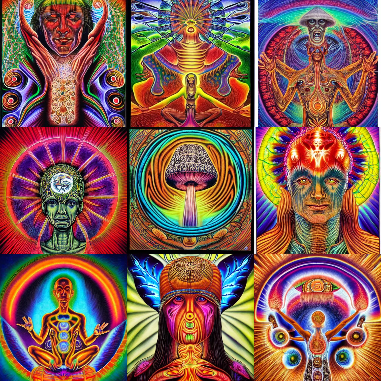 Prompt: enlightened mushroom shaman by Alex Grey