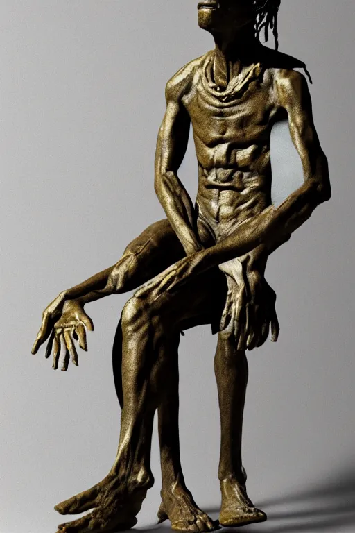 Prompt: a full-body bronze statue of Jean-Michel Basquiat sitting and thinking 3d octane render