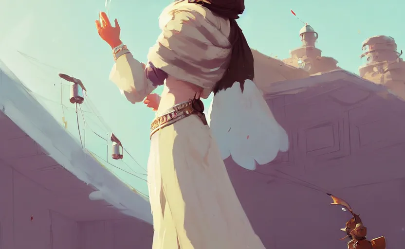 Image similar to female ottoman princess by atey ghailan, by greg rutkowski, by simon stalenhag, by greg tocchini, by james gilleard, by joe fenton, by kaethe butcher dynamic lighting, gradient light blue, brown, blonde cream and white color scheme, grunge aesthetic