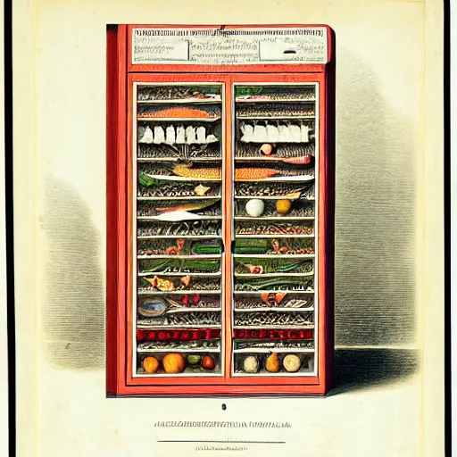 Image similar to anatomical diagram of a refrigerator, by maria sibylla merian