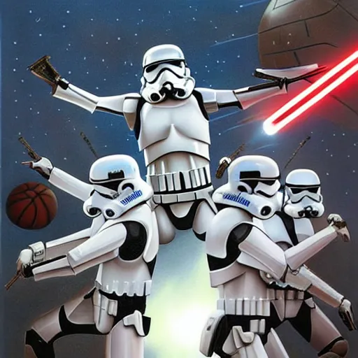 Prompt: a Star Wars concept artist painting of a group of stormtroopers playing basketball on top of the avengers tower