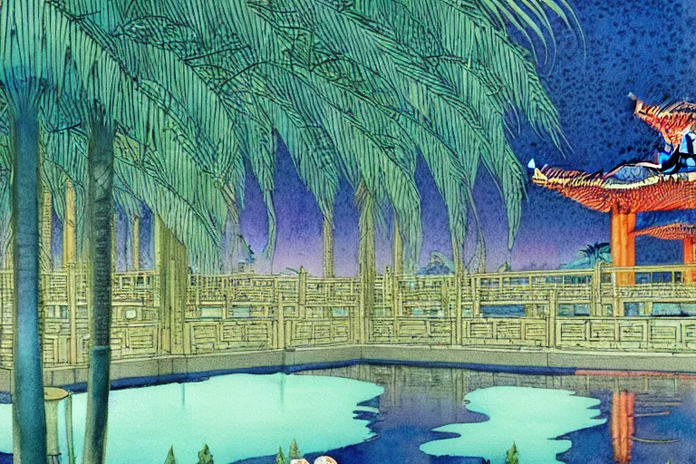 Prompt: a hyperrealist watercolor of a zen water scene at night. buddhist temple in the background. neon roses and palm trees. by rebecca guay, michael kaluta, charles vess and jean moebius giraud