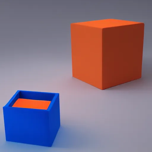 Prompt: one blue cube and one orange cube, studio light, studio photo, 1 2 9 7, octane render