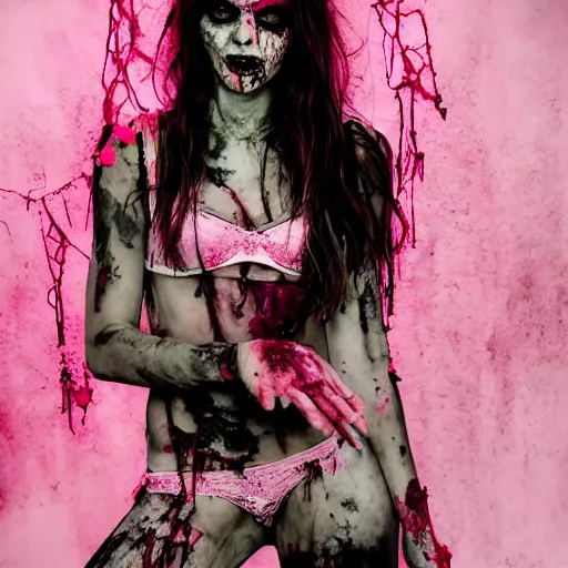 Image similar to a dirty grungy zombie girl wearing pink lace victoria secret, studio portrait,