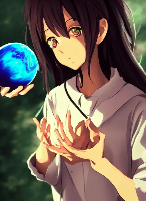 Image similar to a gigantic anime girl in outer space holding a planet in her hand. Anime, Makoto Shinkai, trending on ArtStation, digital art.