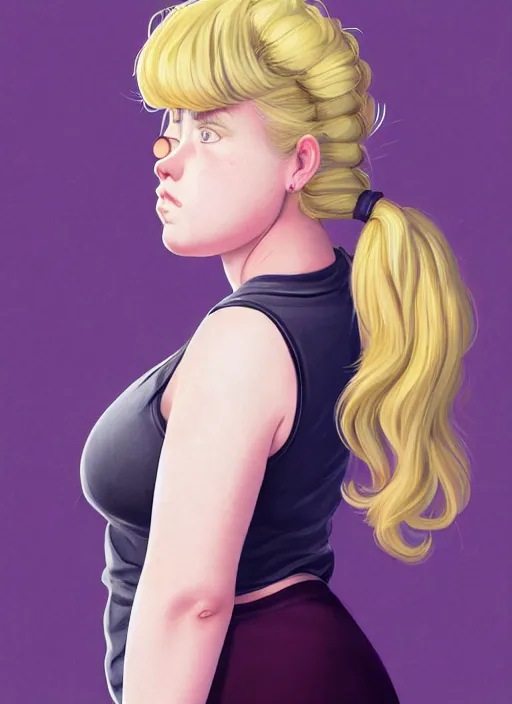 Image similar to full body teenage betty cooper, blonde hair, obese, bangs, ponytail, sultry, realistic, sultry smirk, ponytail, fluffy bangs, curly bangs, fat, belly, beautiful girl, intricate, elegant, highly detailed, digital painting, artstation, concept art, smooth, sharp focus, illustration, art by wlop, mars ravelo and greg rutkowski