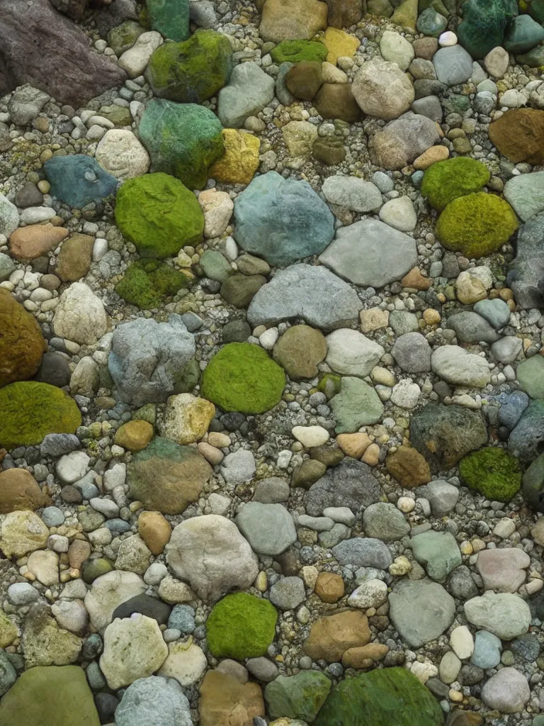 Image similar to partly underwater, partly shore civilization made of rocks and sand, fanvy style garden, algae - trees, evergreen, patio, garden, wet atmosphere, tender, soft light misty, by hayao miyazaki