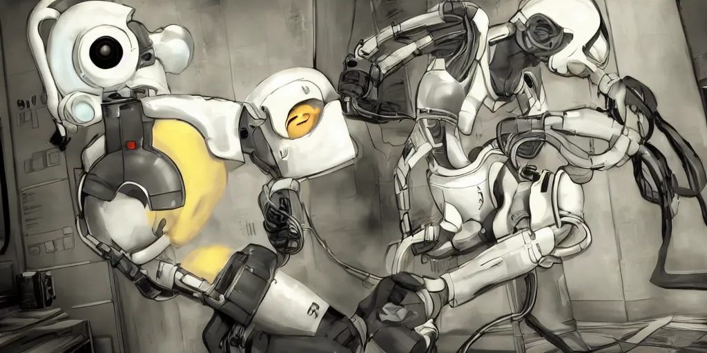 Image similar to glados from portal 2 making out, photo, highly detailed, cinematic still