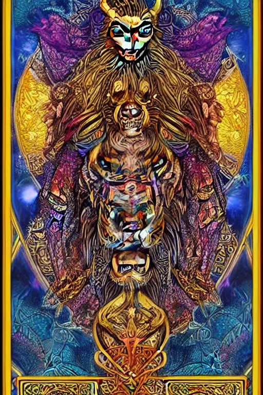 Image similar to beautiful and colorful fractal tarot card featuring an ornate, realistic, and regal viking lion by Dan Mumford, by Jim Fitzpatrick, by joe wilson, featured on deviant art, trending on artstation