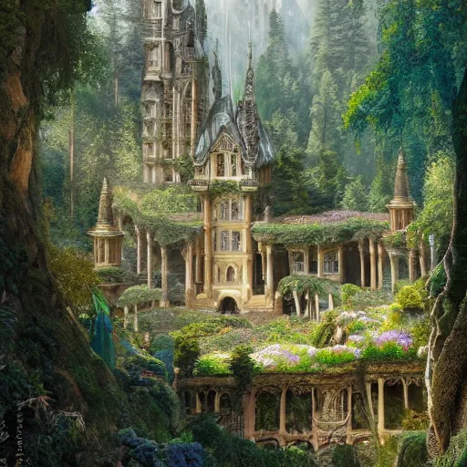 Image similar to a beautiful and highly detailed matte painting of an elven garden palace in a breath taking forest in a deep valley in the beautiful mountains of avalon, intricate details, epic scale, insanely complex, 8 k, sharp focus, hyperrealism, very realistic, by caspar friedrich, albert bierstadt, james gurney, brian froud,