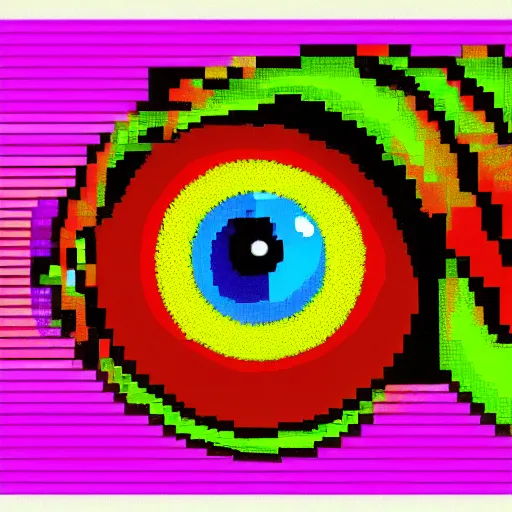 Image similar to characterized by bright garish, high chroma color, heavily pixelated, like bad computer painting app, like MacPaint or MS Paint, visually violent, Abstract collages of random images and random shapes and random cropping, It's eye catching and it's attention grabbing