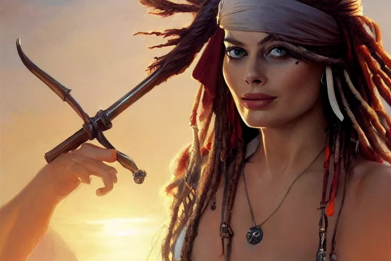 Prompt: Margot Robbie as Jack Sparrow pirate, elegant, sun shines in the sky, blood in the seahighly, detailed, digital painting, artstation, concept art, smooth, sharp focus, illustration, art by artgerm and greg rutkowski and alphonse mucha